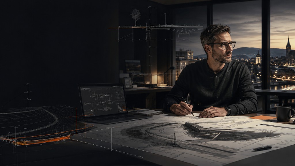 Partner am Zeichentisch mit CAD-Projektion